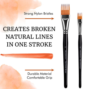 Deux pinceaux grainer plats avec des poils en nylon durables et des poignées confortables, utilisés pour créer des lignes brisées et texturées en un seul coup.