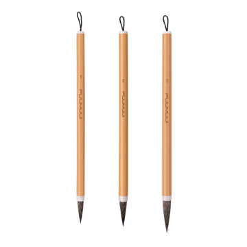 Fuumuui professional calligraphy brushes, a set of three handmade high-quality animal hair art supplies with natural wood handles and hanging loops.