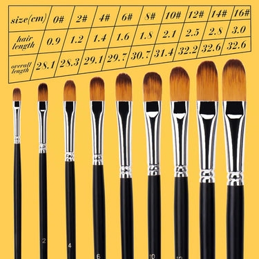 Fuumuui 9pcs Professional Nylon Hair Filbert Acrylic Brushes with detailed size chart (0# to 16#) for art supplies.