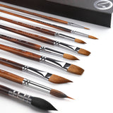 Set di 9 pennelli da acquerello professionali Fuumuui con punta ad ago, moccio, pennelli rotondi e piatti, con manici in legno.