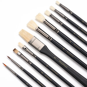 Fuumuui 10pcs professional brush set for acrylic and oil painting, featuring assorted natural and synthetic bristles, black handles, and gold Fuumuui branding.