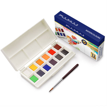 Fuumuui Portable 12-color solid watercolor paint set, open to show vibrant pans, an integrated palette, and a painting brush, with the Fuumuui Art Supplies box in the background.