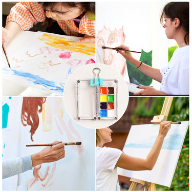 Fuumuui Künstlerbedarf, tragbare Mini-Leerfarben-Palette für unterwegs, gezeigt mit lebendigen Aquarellfarben, die verschiedene Künstler jeden Alters inspirieren, Aquarell-, Gouache- und Acryl-Kunst zu schaffen.