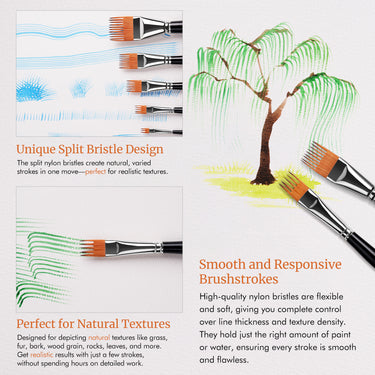 Design unico con setole divise del pennello a pettine piatto, utilizzato per creare texture naturali come erba e foglie di salice.