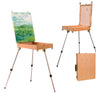Fuumuui Sketche Box Easel with Aluminum Tripod, Drawer, and Palette. Portable wooden artist easel shown open with a painting canvas and folded as a compact art case.