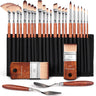 Ensemble de pinceaux acryliques en nylon professionnel 26 pièces Fuumuui avec des formes de pinceaux assorties, deux grands pinceaux de lavis et deux couteaux à palette d'artiste, présentés dans un étui enroulable noir.