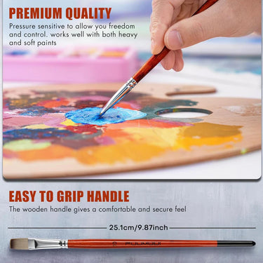 Pennello professionale in nylon per acrilico Fuumuui con manico in legno facile da impugnare che mescola vernice blu su una tavolozza di legno, a dimostrazione della qualit¨¤ premium.