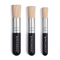 Fuumuui 3-piece Natural Bristle Oil Paint Brush and Acrylic Paint Brush set for professional artists and beginners. Includes sizes 5/8", 1/2", and 3/8" with short matte black handles and silver ferrules.