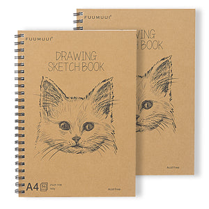 Fuumuui A4 spiral drawing sketchbook with a kraft brown cover featuring a cat sketch, offering 180° lay-flat acid-free paper perfect for graphite, charcoal, colored, and watercolor pencils.