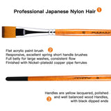 Fuumuui professioneller flacher Acrylfarbenpinsel mit japanischem Nylonhaar, reaktionsschneller, ausgezeichneter Federung, gelb lackiertem Holzgriff mit schwarzer Spitze und vernickelter Zwinge für gleichmäßigen Fluss.