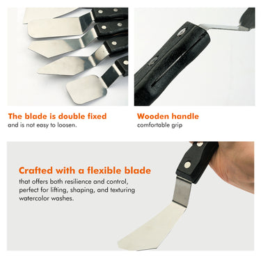 Set di spatole Fuumuui in acciaio inossidabile da 8 pezzi con manici in legno, con varie forme di lama, lame flessibili a doppio fissaggio per tecniche di pittura a olio, acrilico e acquerello.