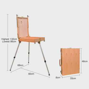 Chevalet de table Fuumuui avec trépied en aluminium, tiroir et palette. Montré ouvert (H : 86-132cm) et plié (46x33x8cm).