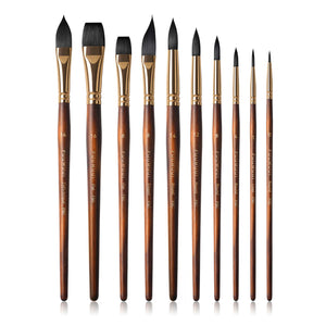 Fuumuui 10pcs Soft Synthetic Squirrel Hair Watercolor Brush Set featuring assorted round, flat, liner, and dagger shapes with gold ferrules and wood handles.