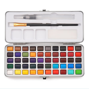 Fuumuui 50-Farben tragbares Aquarellfarben Set mit Wasserpinsel, Flachpinsel und Schwamm, offen in einer Metalldose, ideale Künstlerbedarf für vielseitiges Malen überall.