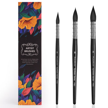 Fuumuui 3pcs watercolor brush set with premium synthetic squirrel hair brushes (#2, #6, #8) for smooth color flow and precision control, shown with vibrant art supplies packaging.