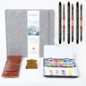 Watercolor Art Journal with 100% Cotton 140lb/300gsm Cold Pressed paper, squirrel hair travel watercolor brush set with Round and Dagger tips, watercolor paint set in a travel palette, and leather pouch for artists.