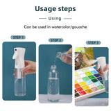 Étapes d'utilisation du vaporisateur haute pression Fuumuui montrant comment remplir d'eau et vaporiser de la peinture aquarelle ou gouache pour l'art.
