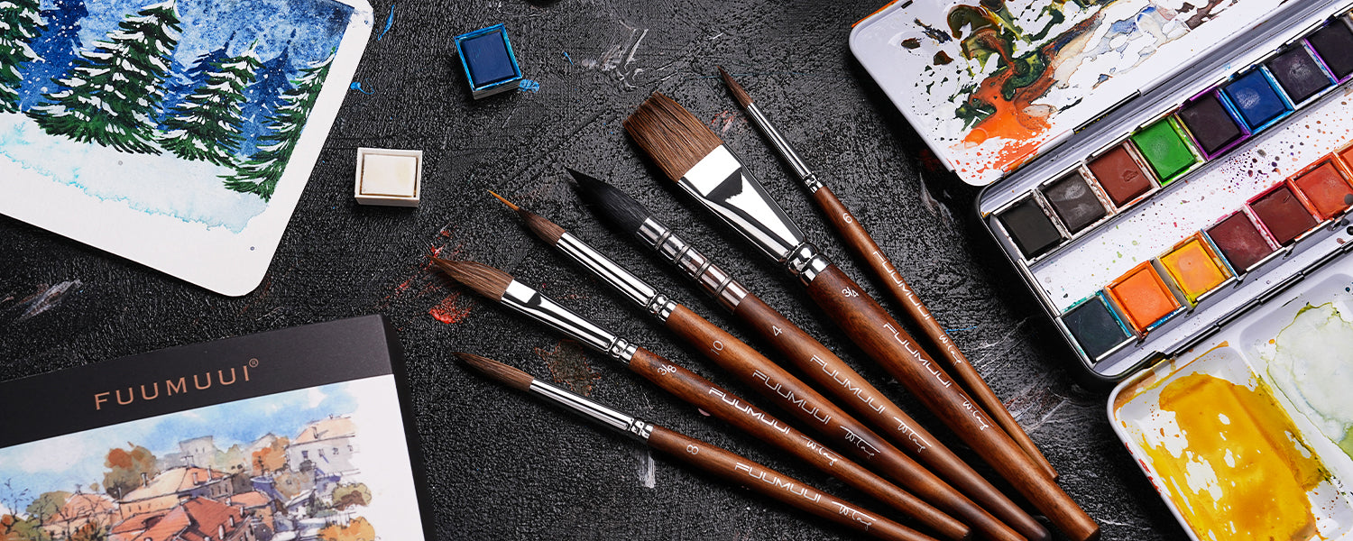 Fuumuui professional artist watercolor brush set with squirrel hair and Kolinsky sable brushes, sizes 8, 10, 4, 2, 3/4, 3/8. Includes a watercolor paint set tin, travel palette, and cold press cotton sketchbook.