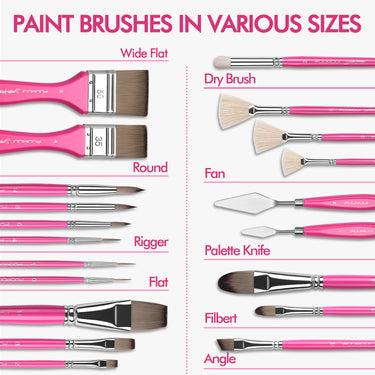 Fuumuui & Samantha Anderson Professional Acrylic Mixing Brush Set, featuring a diverse range of Fuumuui art supplies including pink-handled Wide Flat, Round, Rigger, Flat, Dry Brush, Fan, Filbert, and Angle paint brushes, plus palette knives, all in various sizes.