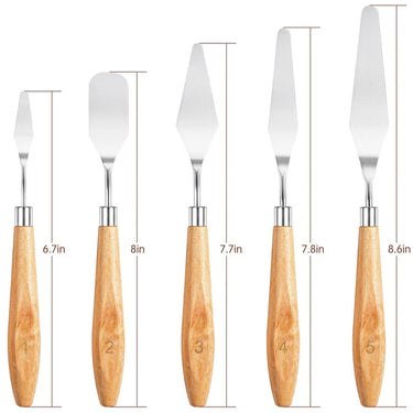Fuumuui set professionale di coltelli da tavolozza per colori acrilici con 5 diverse forme di lama in metallo, manici in legno e lunghezze visualizzate: 17 cm, 20.3 cm, 19.6 cm, 19.8 cm, 21.8 cm.