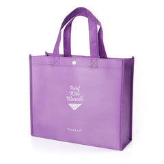 Fuumuui purple nonwoven tote bag featuring a snap closure and reinforced handles for organizing art supplies.