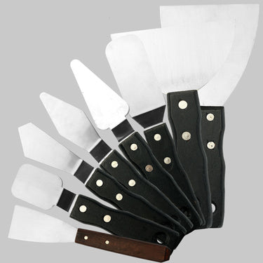 Fuumuui 8-piece stainless steel palette knife set with various blade shapes and wood handles, perfect for oil and acrylic painting and paint spatula techniques.