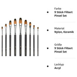 Fuumuui 9pcs professional nylon hair filbert acrylic paint brush set