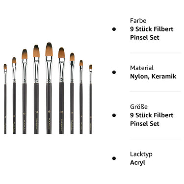 Fuumuui 9pcs professional nylon hair filbert acrylic paint brush set
