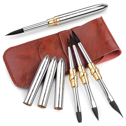 3pcs Small  Dual-Tip Silver Travel Watercolor Brushes — 6 Tip Styles,Premium Synthetic Squirrel Hair