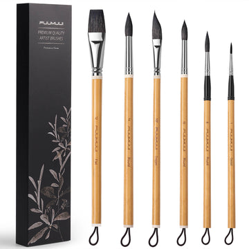 Fuumuui 6Pcs Professional Squirrel Sable Hair Bamboo Paint Brushes with Dagger, Flat, Round, Detail tips for Watercolor, Acrylic, Gouache Painting, shown with premium black packaging.