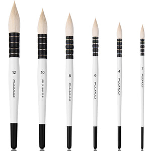 Fuumuui High Quality 6PCS White Wood Handle Paint Brushes Mop Artist Paint Brush for Watercolor Painting