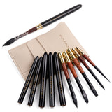 Fuumuui 6pcs High-Grade Pure Squirrel Hair Travel Watercolor Brushes with black caps, gold ferrules, and wooden handles, presented with a light beige protective carrying case, including quill, detail, round, flat, angle, and cat's tongue shapes.