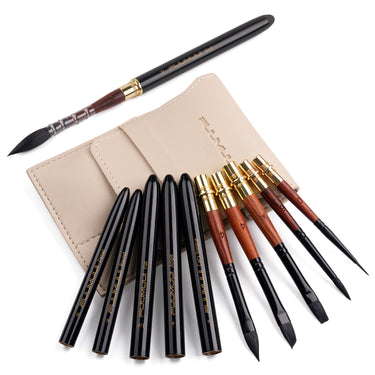Fuumuui 6pcs High-Grade Pure Squirrel Hair Travel Watercolor Brushes with black caps, gold ferrules, and wooden handles, presented with a light beige protective carrying case, including quill, detail, round, flat, angle, and cat's tongue shapes.