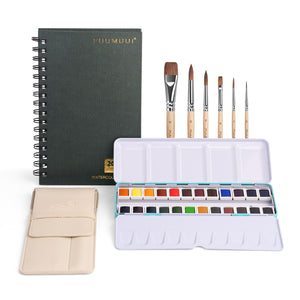 Fuumuui Art Supplies portable watercolor travel set complete with a 24-color pan watercolor palette, a spiral-bound watercolor pad, 6 artist brushes, and a cream faux leather brush holder.