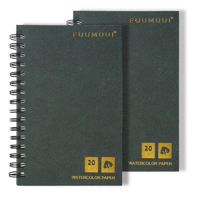 Two Fuumuui Watercolor Sketchbooks, spiral-bound with dark textured covers, featuring 20 sheets of 100% cotton paper.