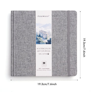 Fuumuui 7.6x7.6 inch square cold-press 100% cotton watercolor book featuring a gray linen cover with an elastic closure and 30 sheets for art supplies.