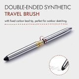 Fuumuui double-ended synthetic travel brush in silver, featuring a fixed carbon lead tip for outdoor sketching, part of the Fuumuui Watercolor Travel Set.