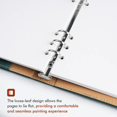 Loose-leaf watercolor sketchbook featuring thick cold press paper and a metal ring binder. The lie-flat design provides a seamless painting experience for professional artists and beginners.