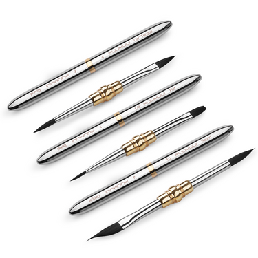 Fuumuui Art Supplies small dual-tip silver travel watercolor brushes with premium synthetic squirrel hair, showcasing 6 tip styles: Round, Cat Tongue, Flat, Detail, Dagger.
