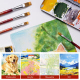 Fuumuui Art Supplies: 5-piece dual-layer synthetic flat grainer brush set for watercolor, acrylic, gouache, and oil painting, displayed with an artist's palette and various art examples.