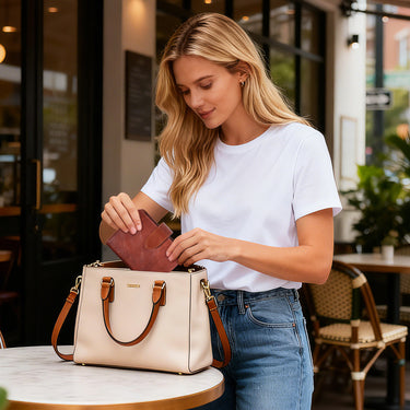 Fuumuui Watercolor Travel Set featuring PU leather cover, neatly placed into a woman's handbag, perfect for portable artistry.