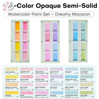 Color chart displaying 24 macaron watercolor paint swatches with corresponding lightfastness notes.