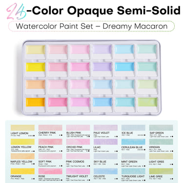 Fuumuui Creamora™ 24-Color Opaque Semi-Solid Watercolor Paint Set | Dreamy Macaron