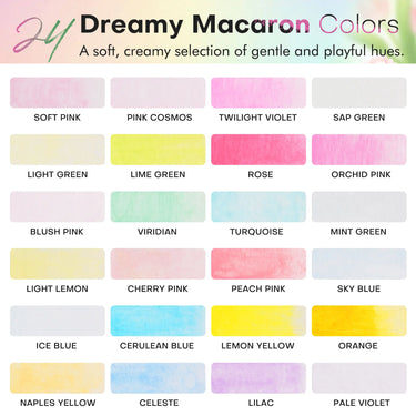 Color swatches showing 24 dreamy macaron watercolor paints with soft pastel shades and creamy hues.