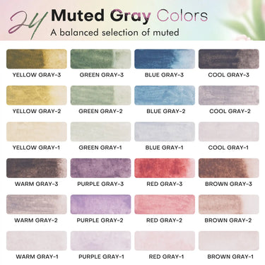 Color swatches of 24 muted gray watercolor paints showing balanced low-saturation tones.