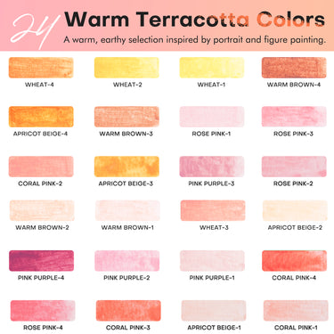 24 warm terracotta watercolor color swatches inspired by portrait and figure painting.