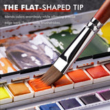 Fuumuui dual-layer synthetic flat grainer watercolor & acrylic brush dipping into orange paint for precise blending.