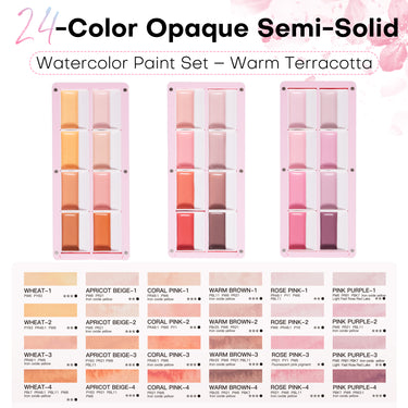 24 Warm Terracotta paint color chart for Fuumuui 3-Layer Light Pink Magnetic Palette with skin-tone swatches.
