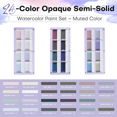 A detailed chart of the 24-color opaque semi-solid muted watercolor paint set from FUUMUUI, displaying each hue.