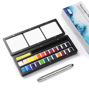 Fuumuui 24 Couleurs Peinture Aquarelle avec Pinceaux de Voyage à Double Pointe et Palette en Bois